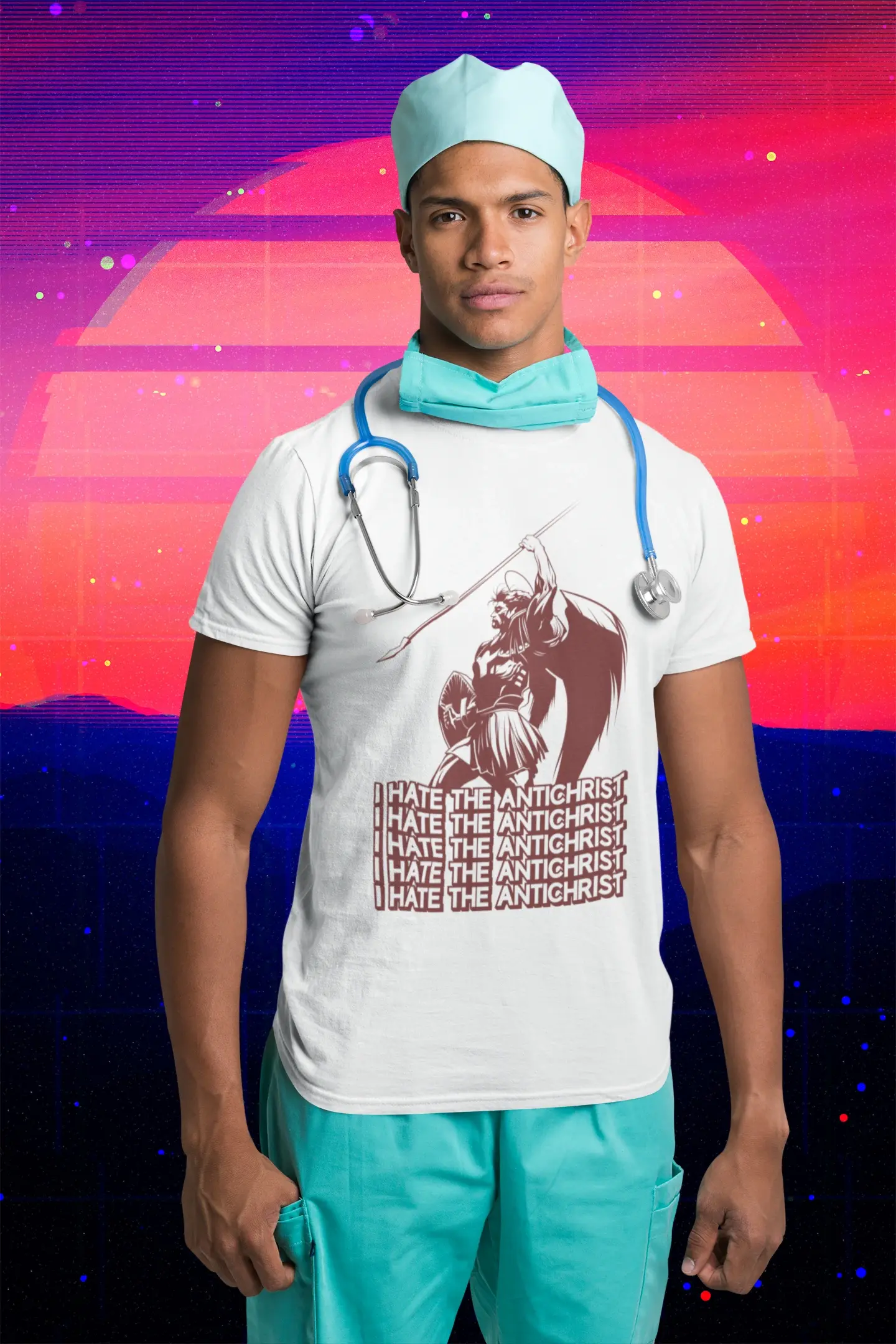 t shirt mockup featuring a male nurse with a stethoscope around his neck 27468
